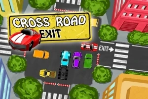 Farebná križovatka s autami, stromami a budovami, zvýraznený nápis CROSS ROAD EXIT