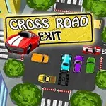 Farebná križovatka s autami, stromami a budovami, zvýraznený nápis CROSS ROAD EXIT