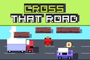 Pixelová grafika s nápisom Cross That Road, predstavuje prechod cez cestu s nákladným autom, autom a kuriatkom