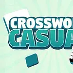 Nadpis Crossword Casual s pozadím s krížovkami a modrými a bielymi prvkami