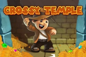 Postava v klobúku stojí pred chrámom obklopená zlatými mincami a diamantmi, s nápisom Crossy Temple hore