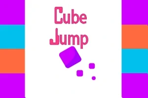 Ružové slová Cube Jump na bielom pozadí s fialovo-modro-oranžovými pruhmi a fialovými kockami