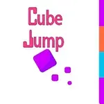 Ružové slová Cube Jump na bielom pozadí s fialovo-modro-oranžovými pruhmi a fialovými kockami