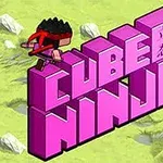 Ružový nápis Cube Ninja s malým ninja postavičkou na vrchu, na svetlozelenom pozadí s kameňmi