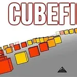 Názov CUBEFIELD nad sivou dráhou, obklopenou farebnými oranžovými a červenými kockami