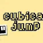 Čierno-žltý pixelový nápis cubical jump na svetložltom pozadí s bielymi a čiernymi kockami