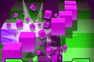 Fialové a ružové kocky rozbíjajú zelené pozadie v geometrickom štýle