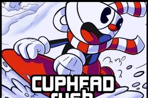 Postavička s bielou hlavou a červeným šálom jazdí na snowboarde po zasneženej krajine, s názvom CUPHEAD v popredí