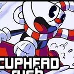 Postavička s bielou hlavou a červeným šálom jazdí na snowboarde po zasneženej krajine, s názvom CUPHEAD v popredí