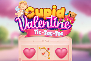 Nadpis Cupid Valentine Tic-Tac-Toe s kresleným anjelikom a medvedíkom nad hernou mriežkou s ružovými srdiečkami a lukom