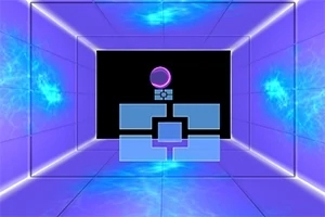 Futuristická miestnosť s modrým a fialovým osvetlením, geometrickými tvarmi a žiarivým stropom