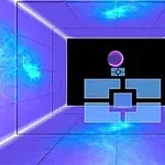 Futuristická miestnosť s modrým a fialovým osvetlením, geometrickými tvarmi a žiarivým stropom