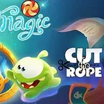 Dve animované postavičky, jedna zelená a druhá žltá, sa pozerajú na seba cez zrkadlo s nápismi Magic a Cut the Rope