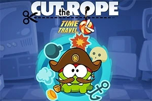 Zelená kreslená postavička v pirátskom klobúku obklopená symbolmi ako kotva, bomba a lebka, na modrom pozadí s nápisom Time Travel