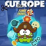 Zelená kreslená postavička v pirátskom klobúku obklopená symbolmi ako kotva, bomba a lebka, na modrom pozadí s nápisom Time Travel