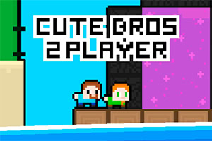 Dve kreslené postavy stoja vedľa seba na drevenej plošine pred ružovou stenou s nápisom Cute Bros 2 Player hore
