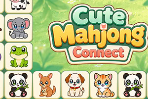 Logo Cute Mahjongs Connect obklopené dlaždicami s roztomilými zvieratkami na zelenom pozadí