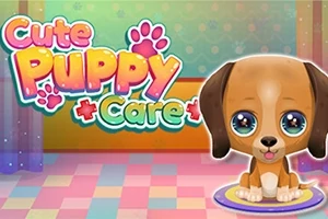 Roztomilé kreslené šteniatko s veľkými očami sedí na farebnej podložke s nápisom Cute Puppy Care v pozadí