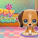 Roztomilé kreslené šteniatko s veľkými očami sedí na farebnej podložke s nápisom Cute Puppy Care v pozadí