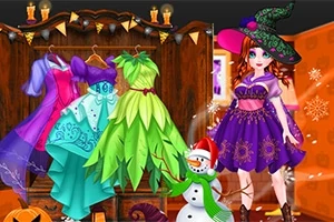 Postava v čarodejníckom kostýme stojí vedľa šatníka s farebnými šatami na pozadí snehuliaka a halloweenskej dekorácie