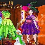 Postava v čarodejníckom kostýme stojí vedľa šatníka s farebnými šatami na pozadí snehuliaka a halloweenskej dekorácie