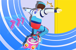 Osoba na futuristickom skateboarde jazdí po modro-bielej trati s farebnými efektmi