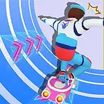 Osoba na futuristickom skateboarde jazdí po modro-bielej trati s farebnými efektmi