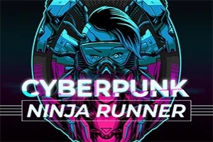 Kyberpunkový bojovník s futuristickou helmou a textom Cyberpunk Ninja Runner