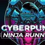 Kyberpunkový bojovník s futuristickou helmou a textom Cyberpunk Ninja Runner