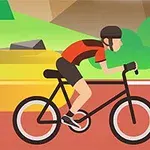 Dvaja cyklisti v prilbách jazdia po červenej ceste v animovanej krajine