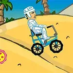 Dvaja kreslení jazdci na bicykloch v púštnom prostredí s palmami v pozadí