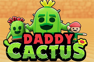 Zelený kaktus s úsmevom stojí medzi dvoma menšími postavičkami, pozadie je oranžové a text Daddy Cactus je v popredí
