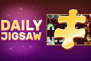 Text DAILY JIGSAW vedľa zlatého dielika skladačky na fialovom pozadí s hviezdičkami