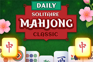 Nápis Daily Solitaire Mahjong Classic na zelenom pozadí s kvetmi a mahjong kameňmi