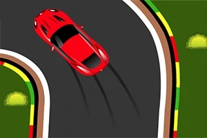 Červené auto driftuje na zákrute asfaltovej cesty s farebným obrubníkom a zelenými trávnatými plochami