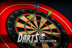 Šípky zapichnuté v terči s farebnými segmentmi, s nápisom Darts Pro Multiplayer v popredí
