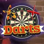 Šípkový terč s dvoma šípkami a nápisom Darts na tehlovom pozadí