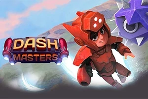 Muž v červenom brnení letí vedľa veľkého fialovo-sivého bodliaka na pozadí oblohy, s názvom Dash Masters vľavo