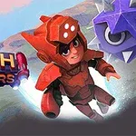 Muž v červenom brnení letí vedľa veľkého fialovo-sivého bodliaka na pozadí oblohy, s názvom Dash Masters vľavo