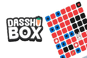 Logo s nápisom DASSHO BOX vedľa mozaiky farebných štvorcov s rôznymi symbolmi a postavičkou zajaca