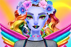 Modrá fantasy postava s dúhovými vlasmi, kvetinovou korunou na hlave a veľkými dúhovými krídlami na žltom pozadí