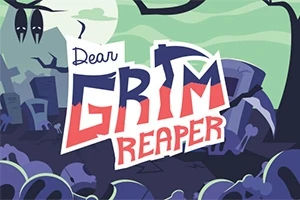 Pestrofarebný nápis Dear Grim Reaper na pozadí s cintorínom a tmavými siluetami stromov