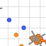 Modrý a oranžový vrtuľník na mriežkovanej ploche s modrými a oranžovými kruhmi