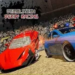 Červené a modré auto v aréne s davom v pozadí, s textom DESTRUCTION DERBY RACING a tlačidlom PLAY