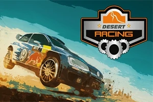 Auto s logami sponzorov jazdí po púštnej krajine, vedľa je logo s nápisom Desert Racing