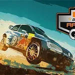 Auto s logami sponzorov jazdí po púštnej krajine, vedľa je logo s nápisom Desert Racing