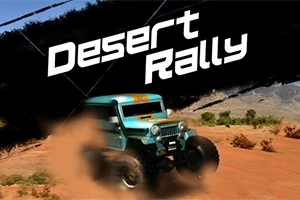 Modré terénne auto jazdiace po piesočnatej ceste s nápisom Desert Rally v pozadí