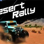Modré terénne auto jazdiace po piesočnatej ceste s nápisom Desert Rally v pozadí