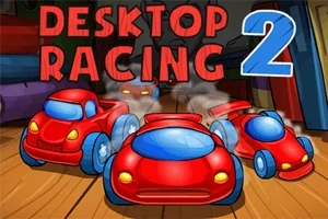 Červené kreslené autíčka s dymom na drevenej ploche s veľkým nápisom Desktop Racing 2