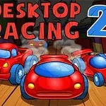 Červené kreslené autíčka s dymom na drevenej ploche s veľkým nápisom Desktop Racing 2